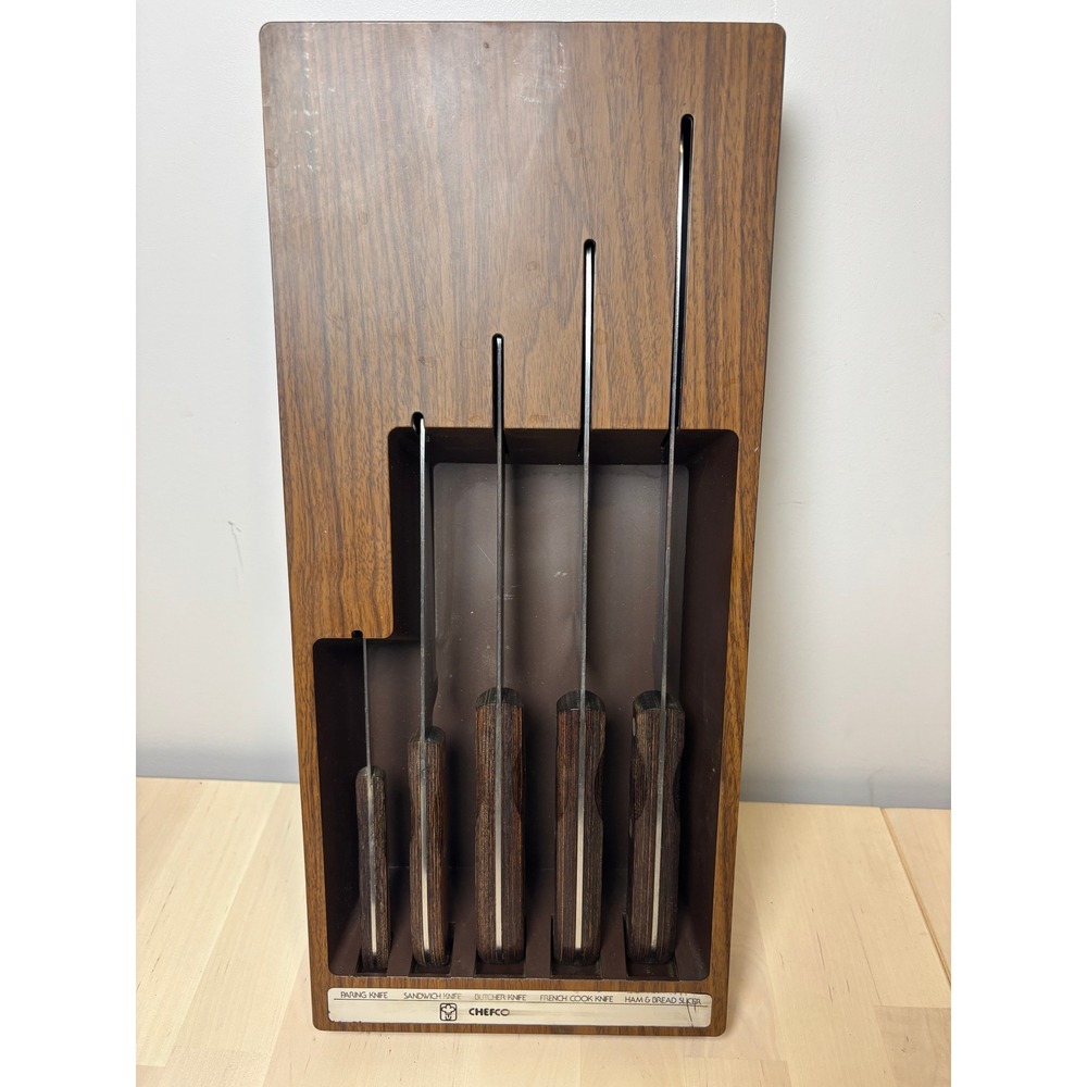 Vintage Chefco 5 Piece Knife Set with Wall Mount Magnetic Wood Grain Block Case